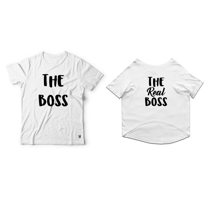 Ruse Summer Twinning Basic Crew Neck "The Real Boss" Printed Half Sleeves Dog and Unisex Pet Parent Tees Set